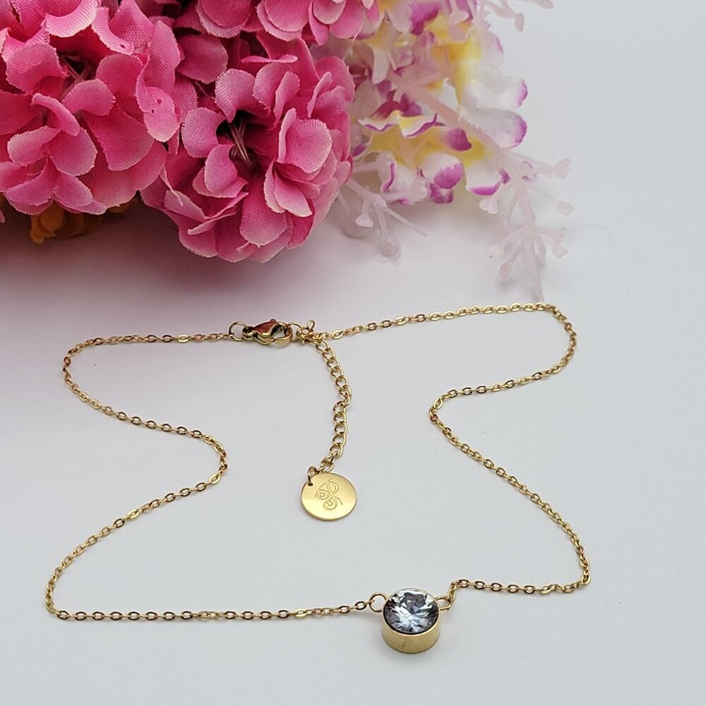 Plunder Design Clear Cubic Zirconia Pendant Necklace Gold Tone Dainty 17" Adj.